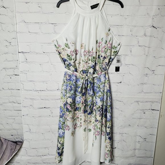 DN Designs Curvy Women's Halter Floral Tie Waist Dress - Picture 2 of 9